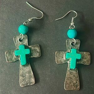 Vintage Silver and Turquoise colored Cross Dangle Earrings